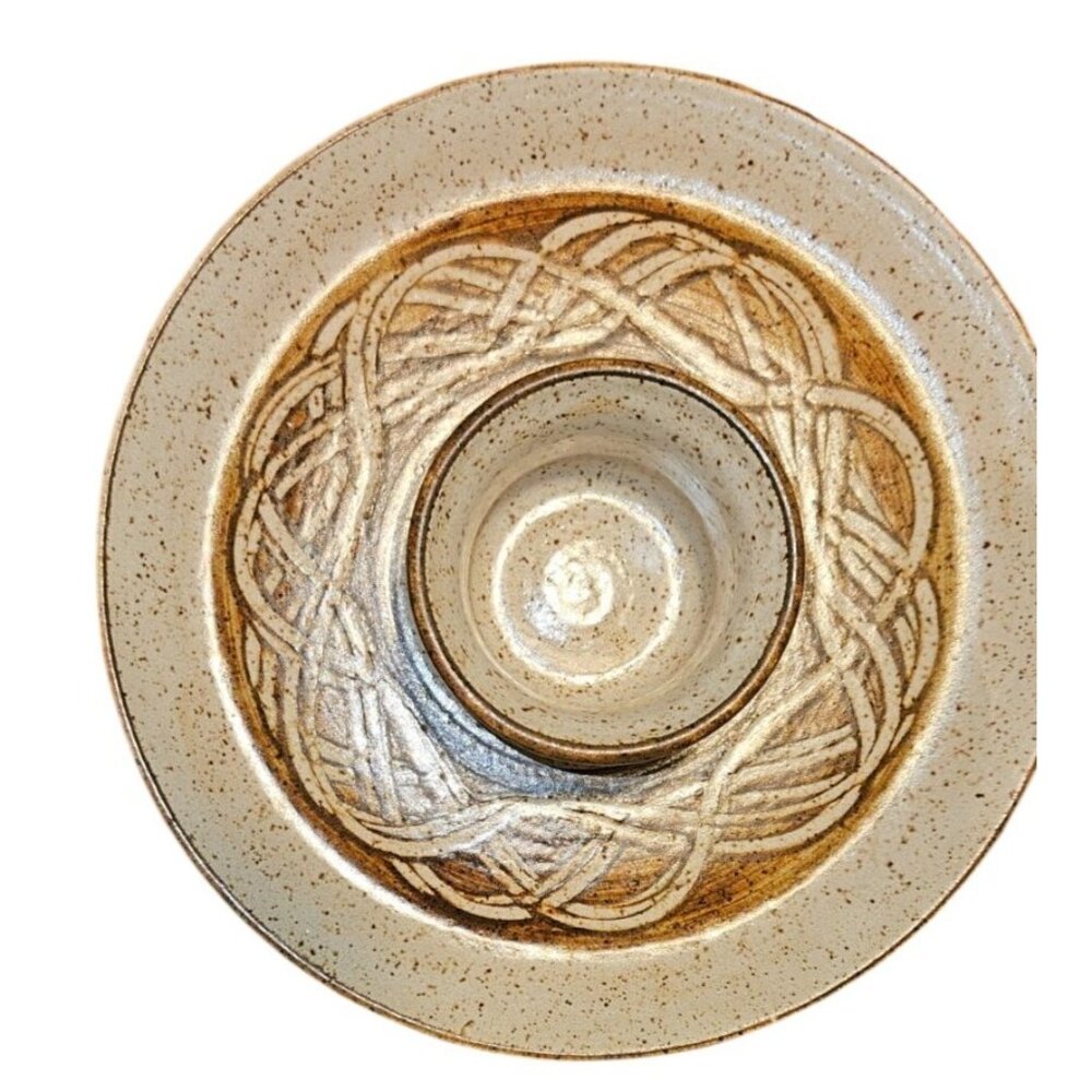Hand Spun Ceramic Chip & Dip Platter Abstract Design Neutral Tones 12" Diameter